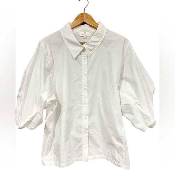 P Cill Poplin Button Up Blouse 3/4 Poof Balloon Sleeves White Large Elegant Work - Picture 5 of 12